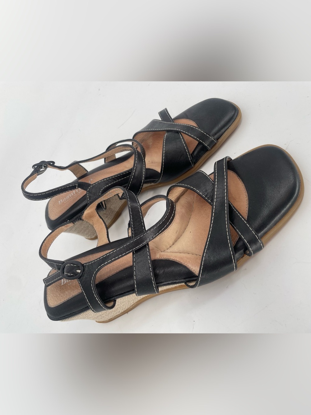 BeautiFeel Criss Cross Strap Cushioned Low Wedge Sandals Contrast Stitching - Picture 6 of 8